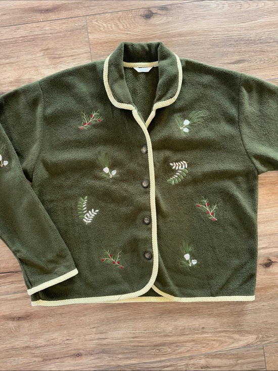 Christopher & Banks Sweaters - Embroidered Olive Green Women's Fleece Cardigan Sweater Fall Winter Christmas